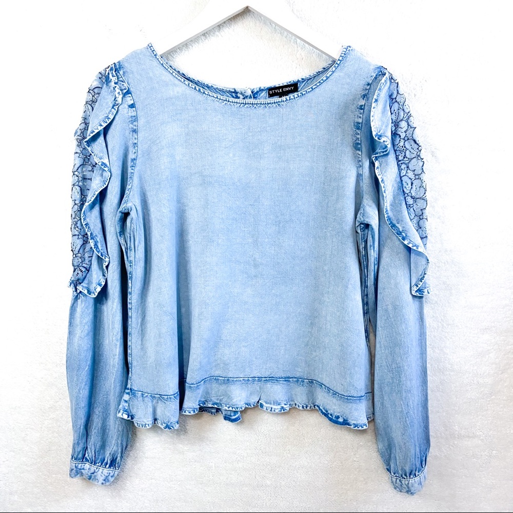 Chambray denim long sleeve ruffle hem button top